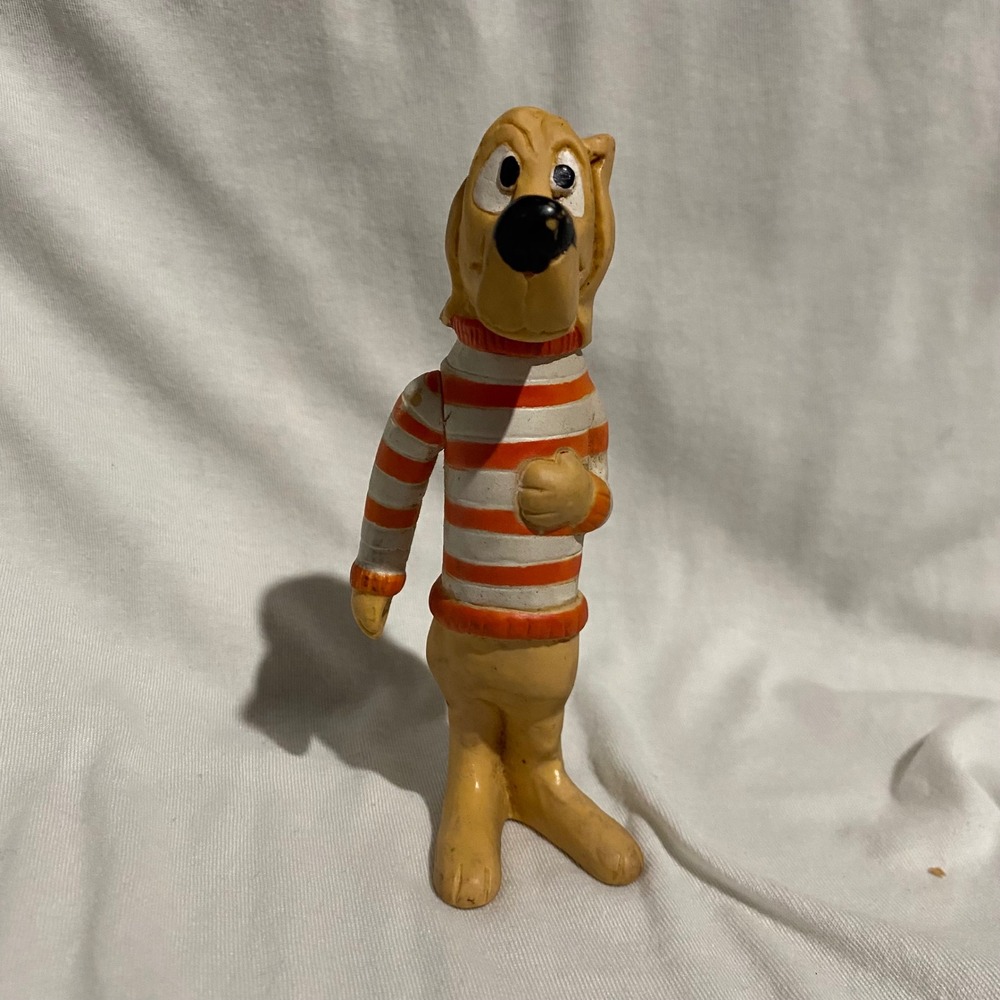 Vintage Rubber Dog Toy Figurine Orange White Striped Sweater Kitsch Retro Decor